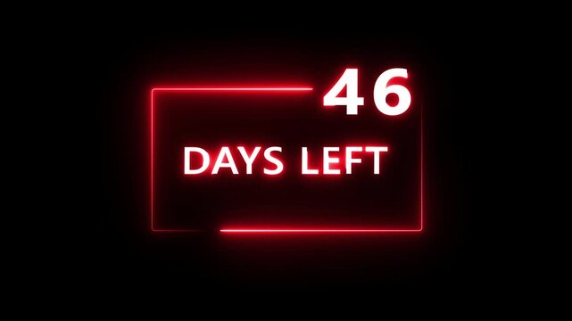 46 Days left countdown number animation on black background. Neon countdown days text number.  Days count number animation.