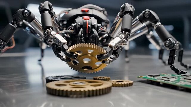 Close-up of a mechanical spider with hydraulic legs moving across a metal surface, showcasing precision robotic engineering and smooth limb motion