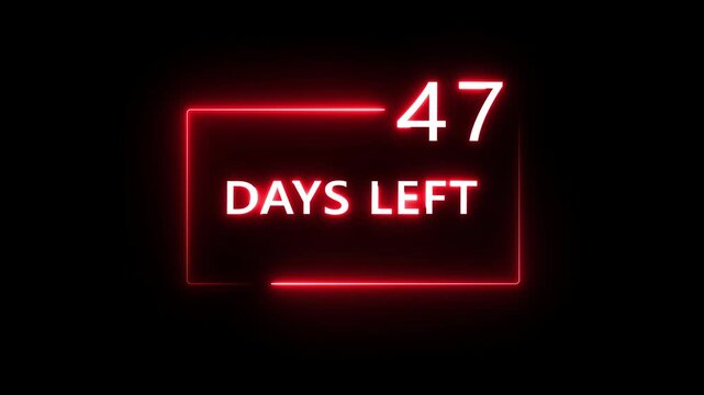47 Days left countdown number animation on black background. Neon countdown days text number.  Days count number animation.