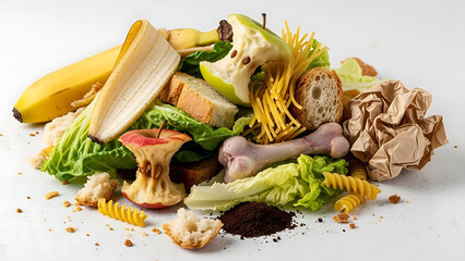 A pile of assorted food scraps including fruit, bread, pasta, and a bone