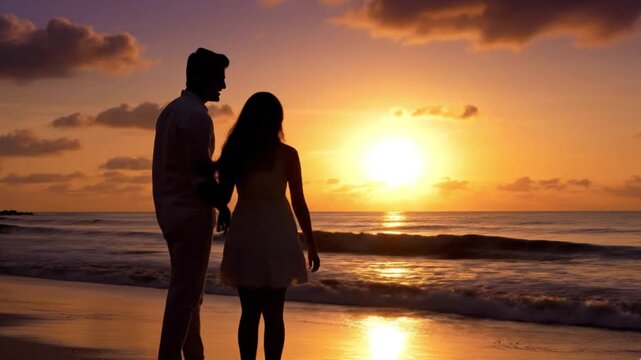 A captivating silhouette of a couple stands intimately on a vast beach during a breathtaking sunset. The sky displays a spectacular gradient of warm colors, from brilliant orange and yellow where the 