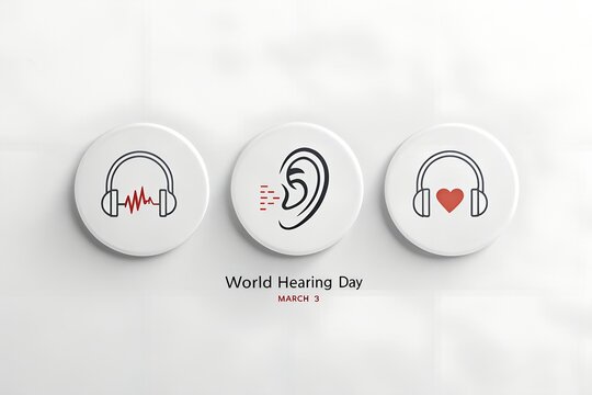 Three circular badges featuring line art icons representing hearing health sound waves an ear and headphones with a heart for world hearing day awareness