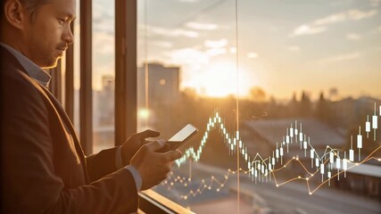 Businessman watching stock market graph at sunset concept. He is holding a phone while observing financial data against a city landscape. - Powered by Adobe