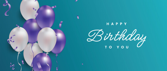 Happy birthday greeting text with balloons and confetti decoration elements for party invitation.