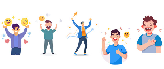 Fototapeta premium Flat vector illustration set of a happy man showing gratitude, love and celebration. Simple modern emotion character for branding and posts.