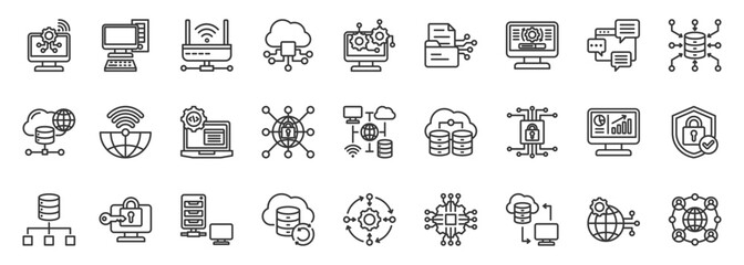 ict icon set collection in outline style. icon pack contain network, server, router, cloud, compute, software, hardware, connect, wireless, security icon