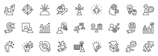 personal growth icon set collection in outline style. icon pack contain awareness, mindset, focus, discipline, resilience, confidence, acceptance, motivation, purpose, clarity icon