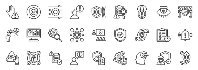 prevention icon set collection in outline style. icon pack contain prevent, protect, safeguard, shield, defense, education, barrier, security, lubrication, control icon