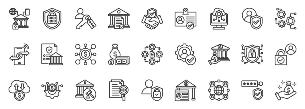 open banking icon set collection in outline style. icon pack contain openapi, interoperability, consent, authentication, authorization, encryption, account, payment network, fintech, banking icon