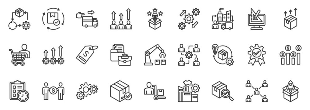 plm icon set collection in outline style. icon pack contain lifecycle, design, engineering, development, validation, price, collaboration, supply chain, improve, commercial icon