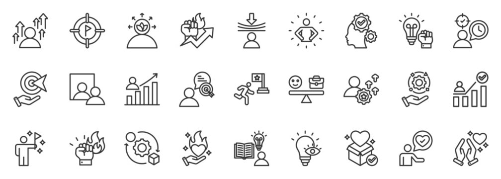 personal growth icon set collection in outline style. icon pack contain awareness, mindset, focus, discipline, resilience, confidence, acceptance, motivation, purpose, clarity icon
