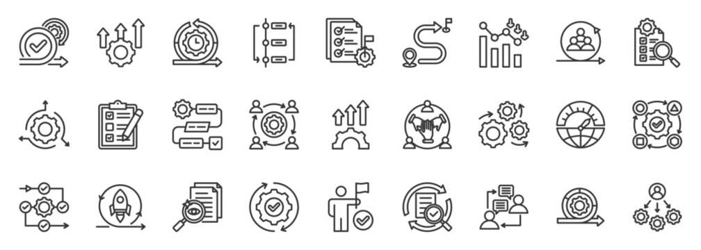 scrum development icon set collection in outline style. icon pack contain scrum, sprint, backlog, planning, review, retrospect, methodology, increment, communication, iteration icon