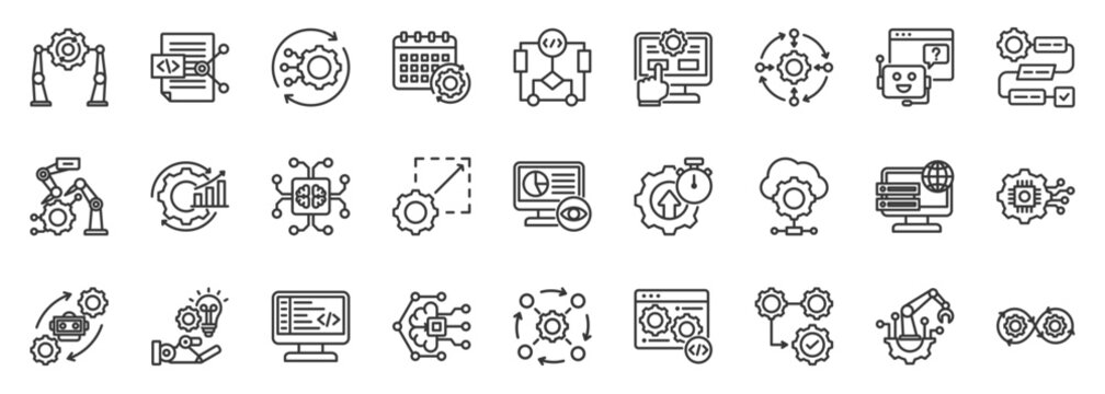 rpa icon set collection in outline style. icon pack contain autonomy, scheduler, optimization, ai, automation, efficiency, synchronize, scripting, control, software icon