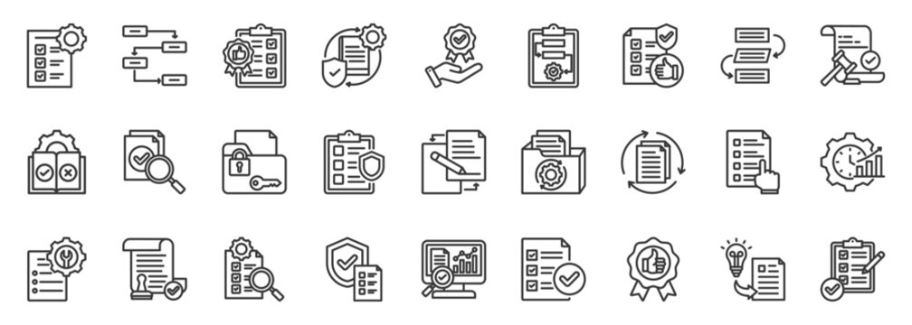 sop icon set collection in outline style. icon pack contain procedure, standard, guideline, compliance, protocol, workflow, policy, process, instruction, checklist icon