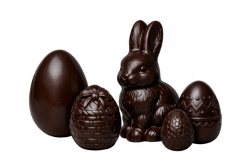 Dark chocolate easter bunny with decorated eggs and cocoa sweets, celebrating spring holiday season, transparent background