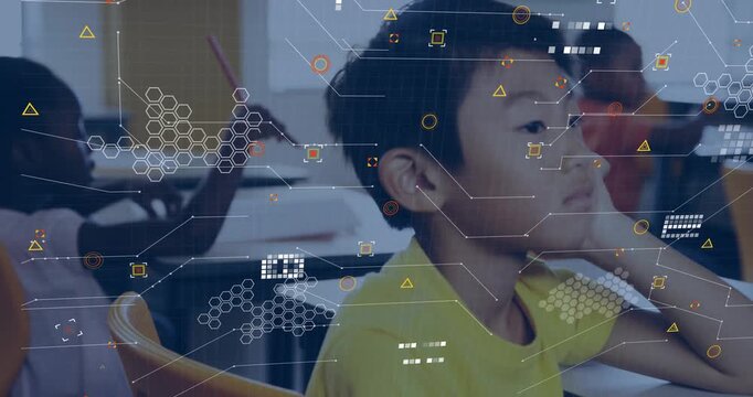 Classmates sitting at desks for education interacting with translucent hexagon-grid overlays