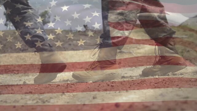 Soldiers marching during military drill with boots stepping into frame and animating flag overlay