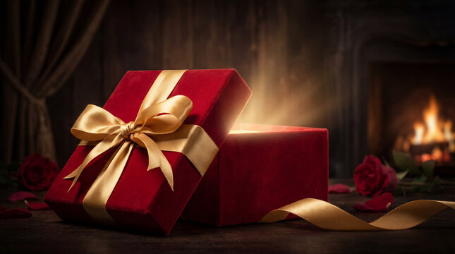 A magical glowing red gift box by a cozy fireplace.