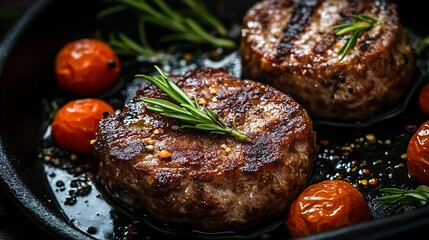 Gourmet steak food photography cooking dining meat rosemary cherry tomatoes
