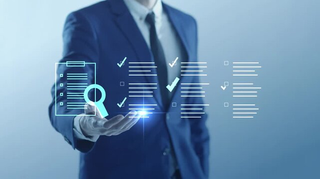 AI data processing and digital document analysis. Business information management, smart checklist verification, automated audit system, searching technology, and intelligent workflow concept.