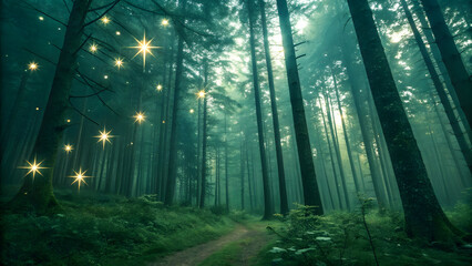 Fototapeta premium Mystical Forest Pathway with Glowing Stars and Sunlight Rays | Enchanted Woods Landscape
