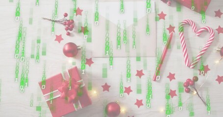 Binary digits cascading over holiday flatlay upon animation start, blending decor with digital code - Powered by Adobe