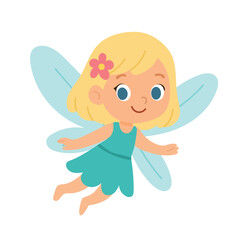 Cute fairy illustration showing a flying winged girl in pastel colors, designed for children stories, nursery decor, fantasy blogs, and whimsical creative projects.