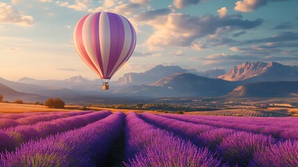 Hot air balloon lavender field mountains sunset adventure nature