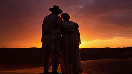 A breathtaking wide shot captures the silhouettes of two individuals standing intimately together amidst the vast, undulating desert dunes during a spectacular sunset. The sky is ablaze with warm, vib