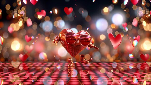 Animated sparkling heart with sunglasses dancing joyfully on a lit-up dance floor, surrounded by glowing hearts and festive lights.