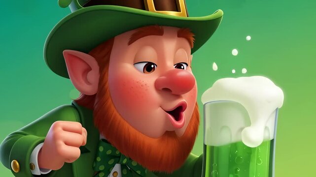 Leprechaun man raising then drinking green beer for St Patricks day. Holiday beverage and festive celebration concept.