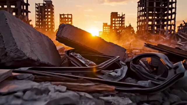 Urban disaster aftermath with debris covered ground collapsed buildings and long sunset shadows revealing widespread destruction and silence