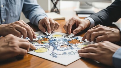 Fototapeta premium Teamwork and Collaboration - Hands Assembling a Puzzle Together.