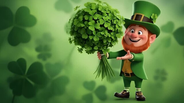 Leprechaun man holding a big bunch of shamrock for saint patrick day tradition. Cute happy character with green clover.
