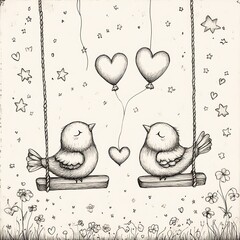 Adorable love birds illustrationcute bird couple nature love kiss branch
