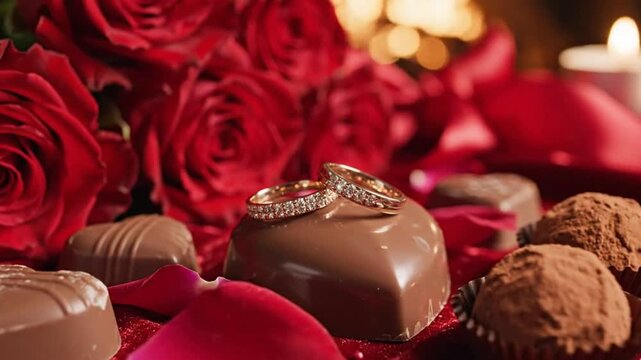 A captivating close-up showcases a luxurious and romantic arrangement, featuring sparkling diamond-encrusted gold rings gracefully placed on a heart-shaped chocolate. Rich red roses form a vibrant bac
