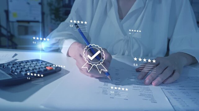 Online rating and customer feedback system on a digital interface, best service quality with 5.0 rating and guarantee satisfaction icon, product certification, ISO standards, and top-quality service