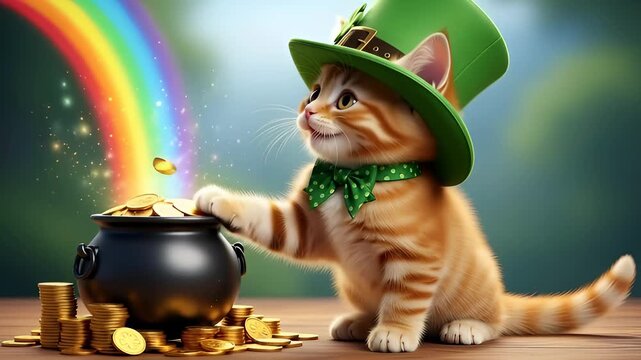 Cute st patrick day cat in green hat with pot of gold. Kitten playing with coin from rainbow background.