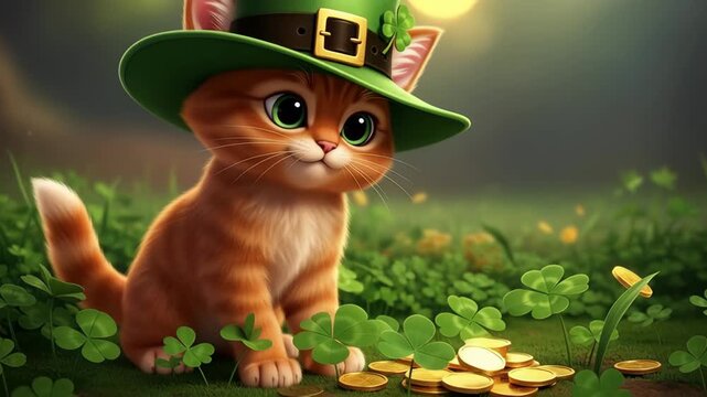 Orange kitten with green leprechaun hat sitting, picking, and sitting again with gold coins in clover field for St Patrick Day