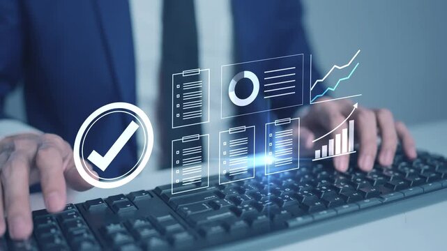 Digital document management and quality check. Business data analysis, audit verification checklist, approved standard compliance, smart system automation, and certified information concept