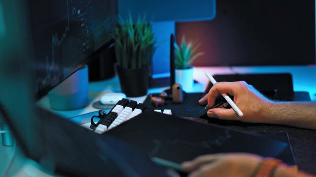 tock Market Trader Analyzing Charts on Computer in Modern Trading Desk, Professional Investor Using Digital Tablet for Financial Trading Analysis, Day Trader Working on Multiple Screens in Home Tradin