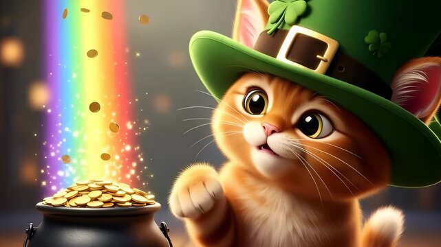 Orange cat in a leprechaun hat looking at a pot of gold with a rainbow and falling coins. St. patricks day, good luck concept.
