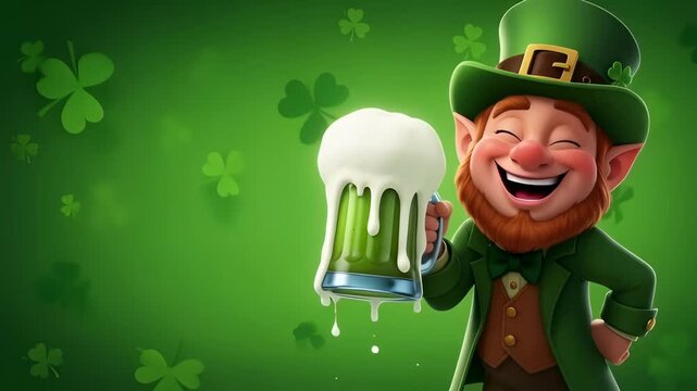 Man leprechaun cartoon character celebrating St. Patrick day with green frothy beer mug for greeting card.