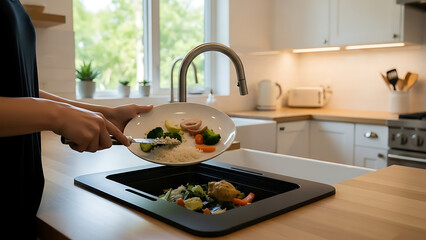 Woman disposing of food waste into a kitchen sink with a garbage disposal