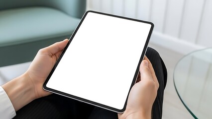 Person holding a modern tablet with a blank white screen, ideal for digital content display and app mockups