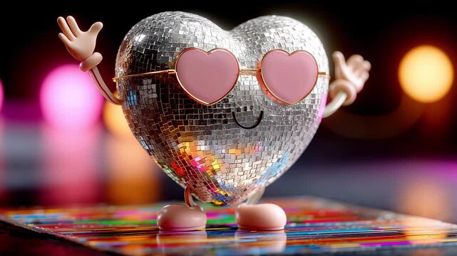 Shiny disco ball heart character wearing pink heart-shaped sunglasses, dancing with joy in a colorful, party-themed setting.