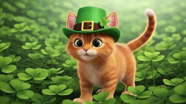 Happy ginger cat kitten in green leprechaun hat playing in clover field. Mascot animal for St Patrick day greeting card.