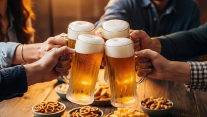 Group of people clinking beer glasses with snacks on table