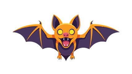 Obraz premium A cartoon orange bat with large yellow eyes and purple wings flies forward