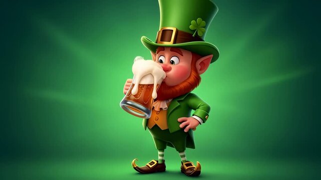 Leprechaun man drinking beer, holding up a glass, and finally standing with a beer on a green background for saint patrick day